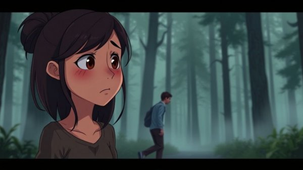 Sad woman feels self-doubt as man walks away in a misty forest.