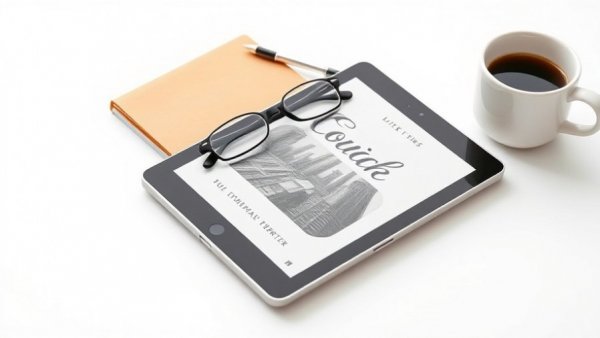 Modern tablet with book cover and coffee cup, emphasizing daily habits.