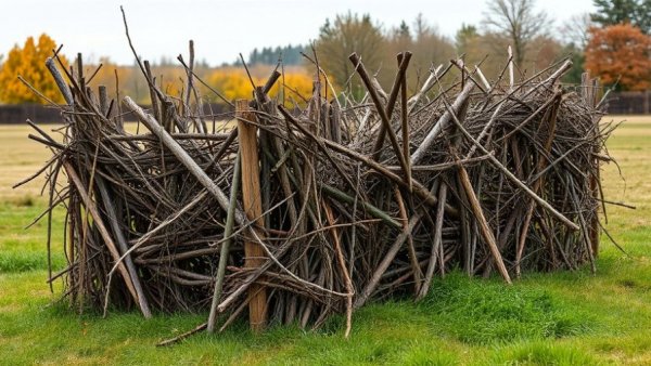 DIY dead hedge made of branches in a grassy field.