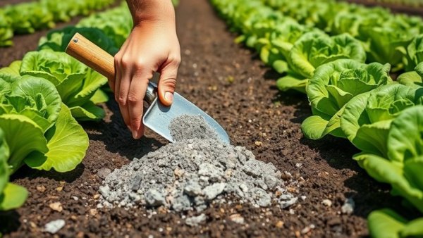 Fireplace ash used as garden fertilizer between lettuce rows.