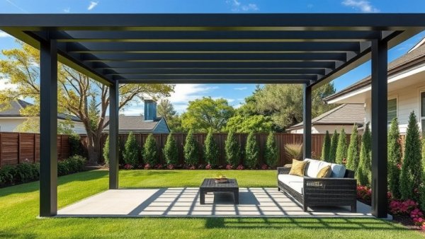 Modern outdoor living space ideas with pergola and garden.