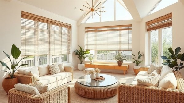 Elegant living room with updated window blinds, cozy decor.