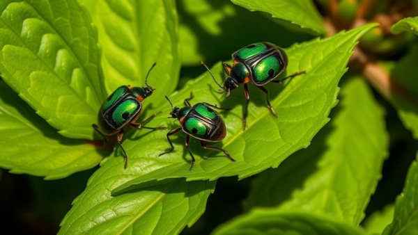 Two June bugs on green leaves, natural setting, soft light.