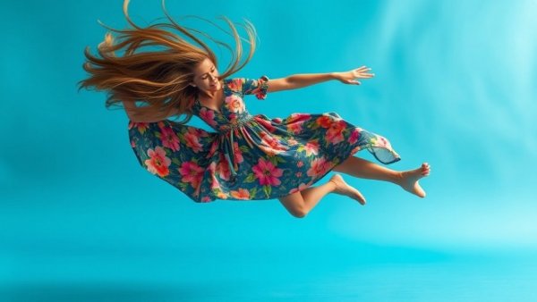 Dynamic woman in floral dress falling mid-air, blue backdrop