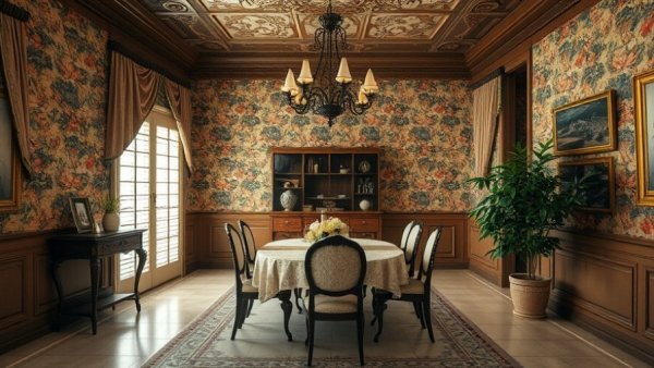 Elegant dining room with vintage floral wallpaper and chandelier.