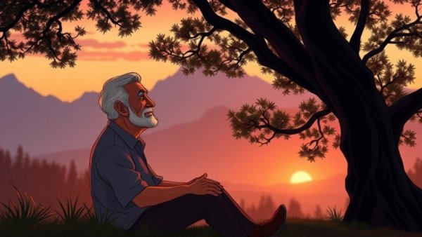 Hope without clinging depiction, man reflecting under tree.