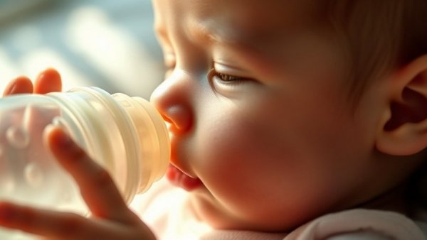 Baby being fed formula from a bottle, close-up view.