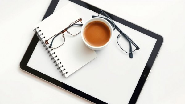 Minimalist flat lay featuring coffee and notebook.