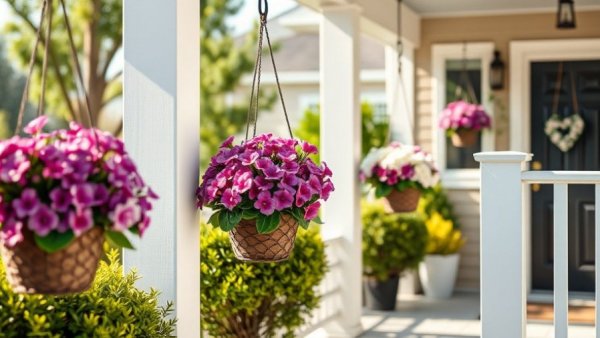 Charming porch with maintenance-free artificial plants and vibrant flowers.