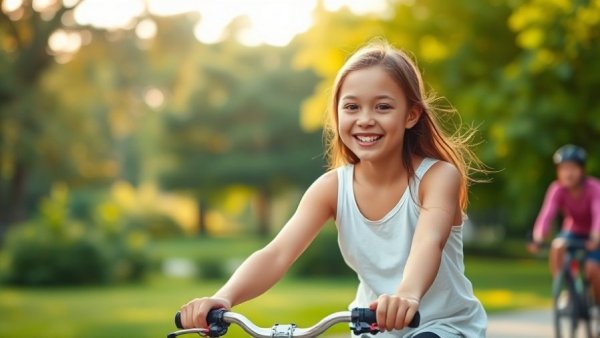 Young girl biking in park, highlighting individuality in growth.