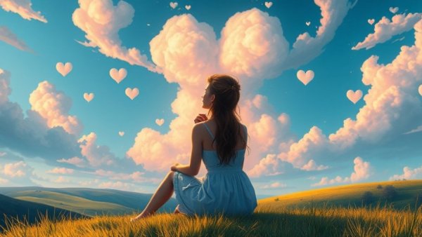 Reflective woman contemplating heart-shaped clouds, representing self-compassion.