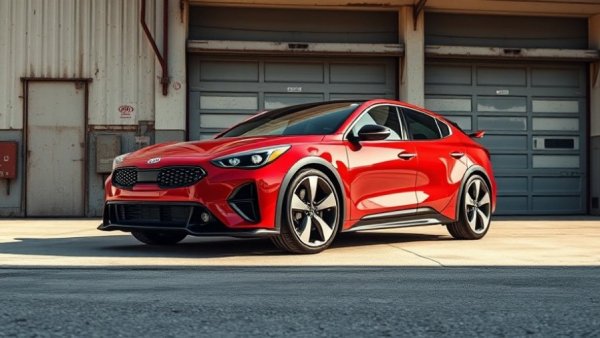 Sleek red Kia EV6 GT parked in front of an old garage.