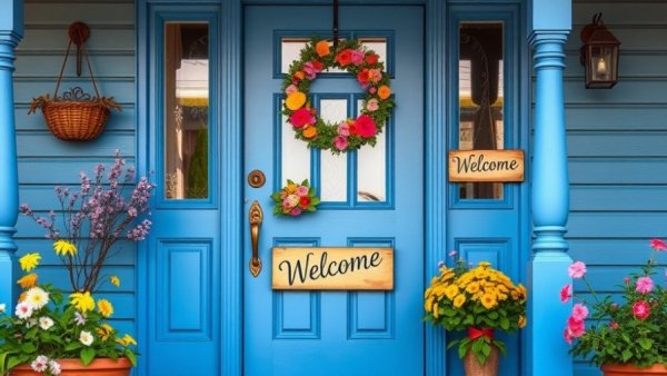 Charming blue door with vibrant spring porch decor ideas, including wreath and flowers.
