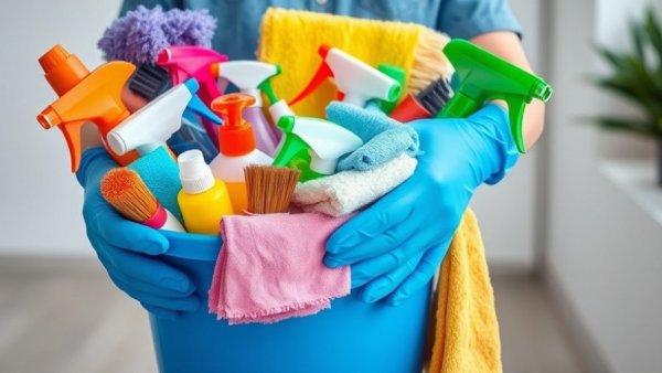 Close-up of cleaning supplies in blue bucket for professional cleaning service preparation.