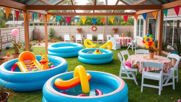 Colorful backyard party setup with inflatable pools in Los Angeles.