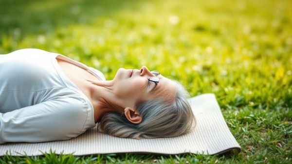 Elderly woman meditating on grass for spiritual retreats for inner peace.