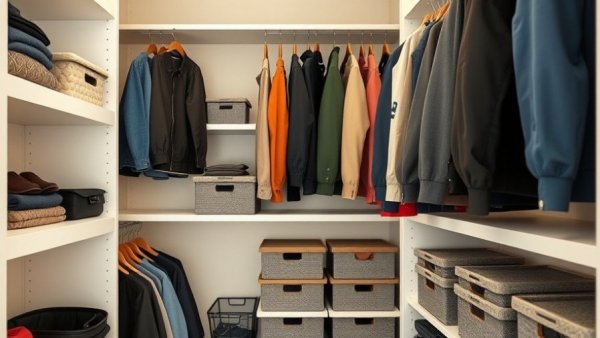 Organized closet with jackets and storage boxes, showcasing decluttering tips.