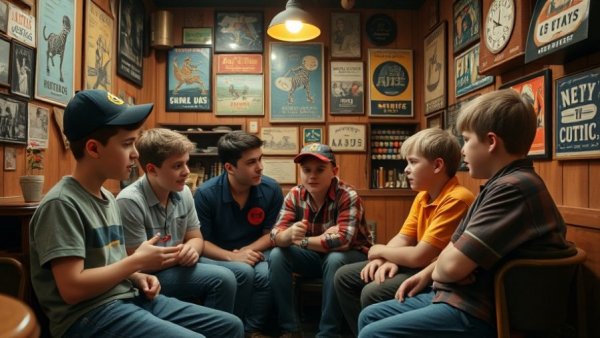 90s family movies vibe with kids in a rustic clubhouse.