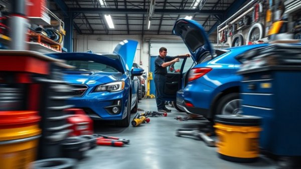 Mechanic working on car in a busy auto repair shop.
