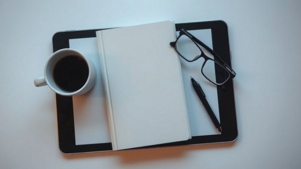 Minimalist digital book cover display with coffee cup.