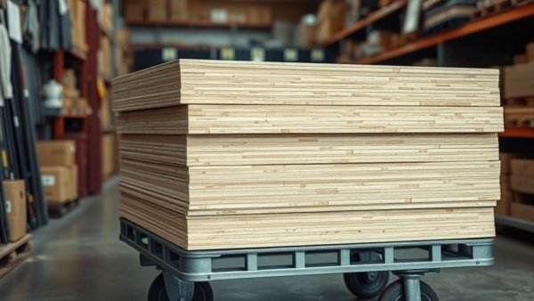 Stack of plywood on cart in hardware store aisle.