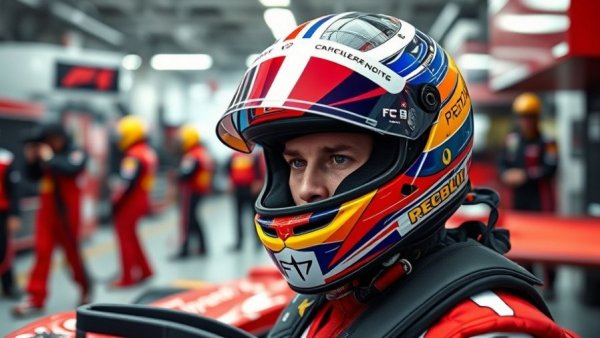 Audi F1 debut driver focused in garage with vibrant helmet.