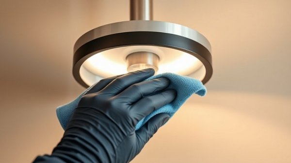 Pink-gloved hand cleaning a modern light fixture with blue cloth.