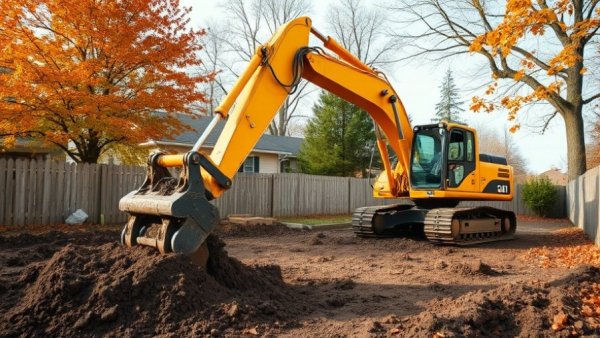 Excavator digging in backyard renovation setting with autumn leaves.