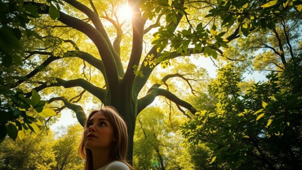 Mindfulness Through Nature Observation: Woman in forest observing nature.