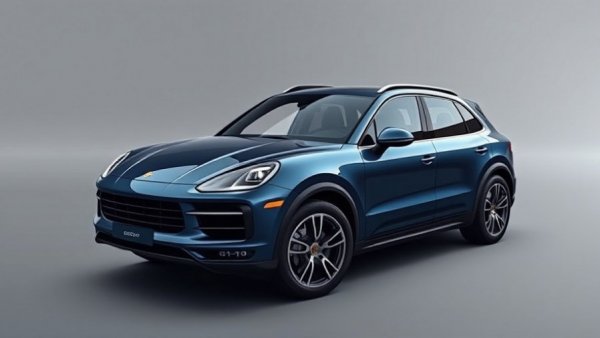 Sleek Porsche Cayenne S Electric in blue on a gray background.
