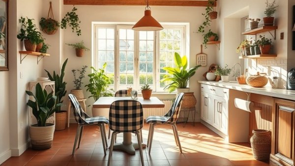 Nostalgic sunlit dining area with plants and rustic decor.