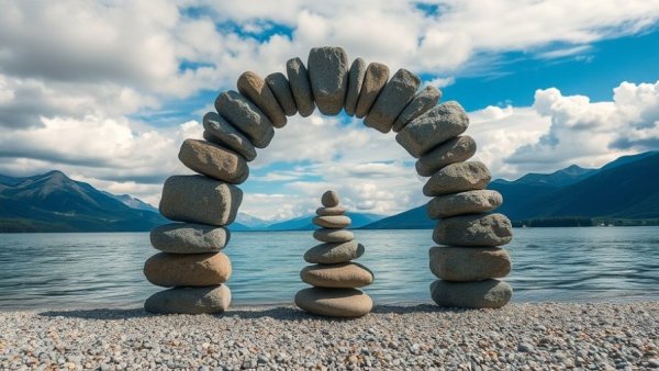 Margaret Cullen Equanimity stone arch balanced by serene lakeside.