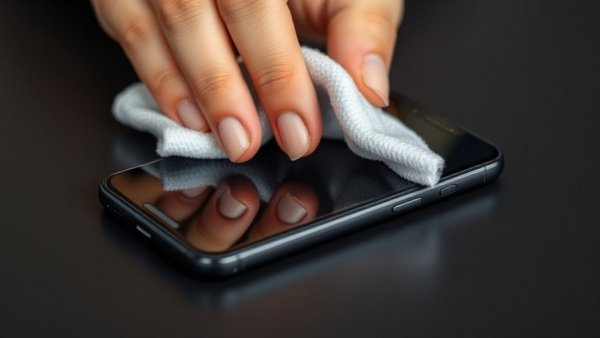 Clean cell phone screen with glass cleaner using a cloth in close-up.