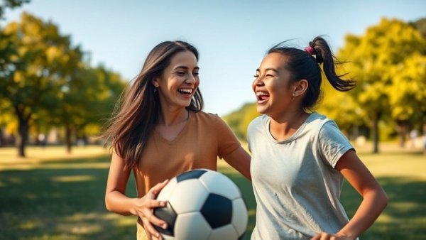 Joyful mom and daughter playing soccer, mom parenting confessions.