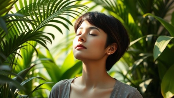 Serene woman enjoying inner calm through letting go amidst plants.