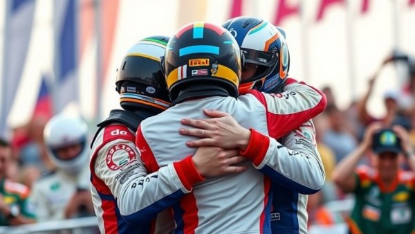 Hamilton podium celebration with racer Kimi Antonelli embracing.