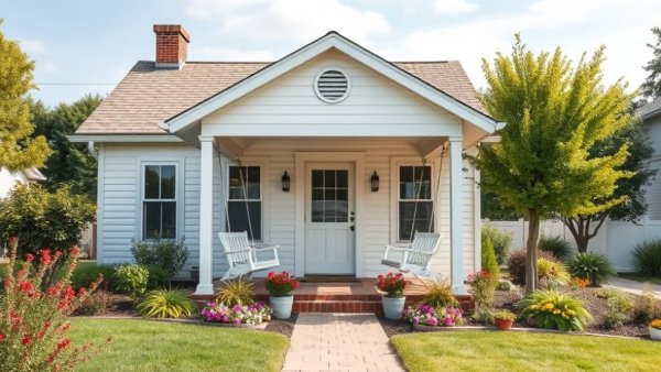 Charming one-story home with cozy porch swings, lush greenery.