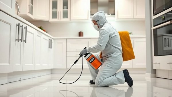 Pest control technician spraying kitchen in Washington, DC
