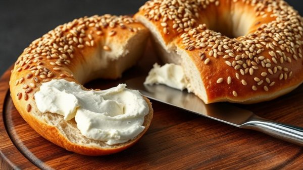 Bagel with cream cheese and knife on wooden plate, cream cheese recall topic.