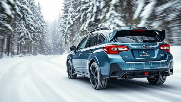 Subaru with shape-shifting winter tires driving through snowy forest.