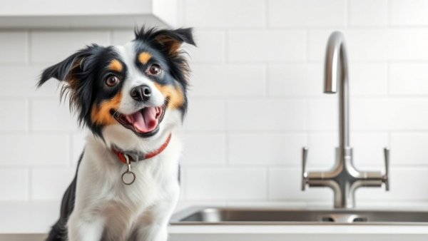 Playful black and white dog by pot filler on white tiled wall.