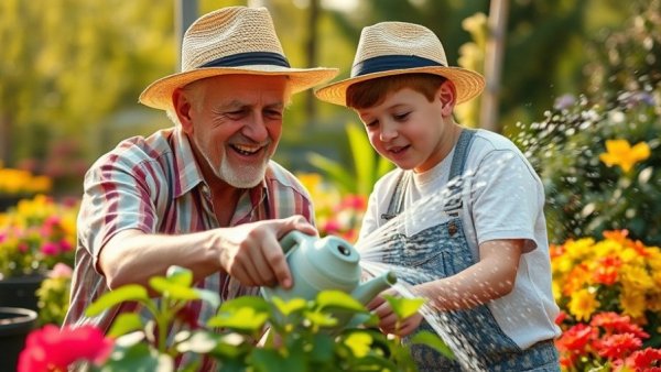 Elderly man and boy watering plants, capturing creative ways to preserve parents' memories.