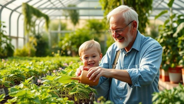 Grandfather and grandson in garden, preserving memories