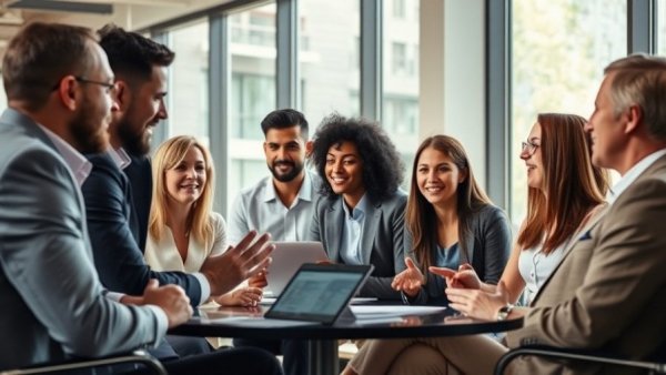 Professionals discussing referral marketing strategies in modern office