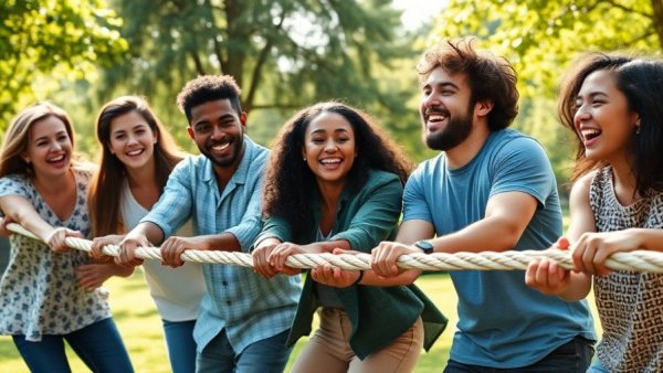 Diverse team enjoying outdoor team building activities with laughter.