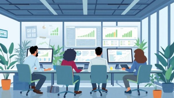 Team analyzing customer loyalty program software data in modern office.