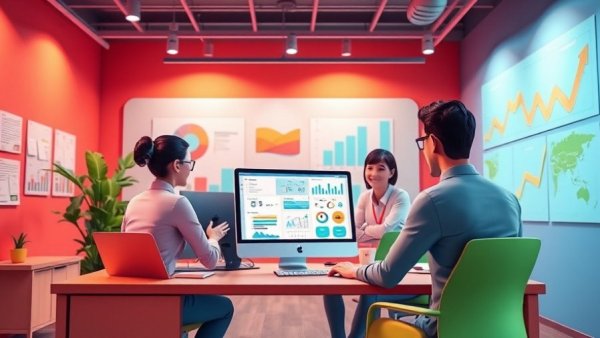 Illustration of workplace showing employee records software benefits with team meeting.