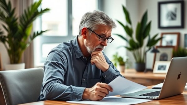 Person reviewing documents in office, considering calling previous employers.