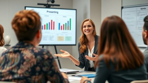 Business meeting focused on leadership development strategies with presenter.