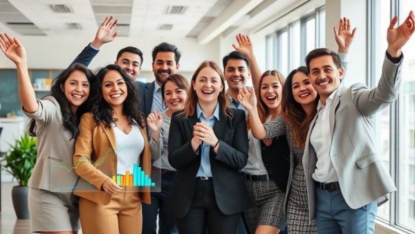 Diverse team celebrates AI project success in modern office